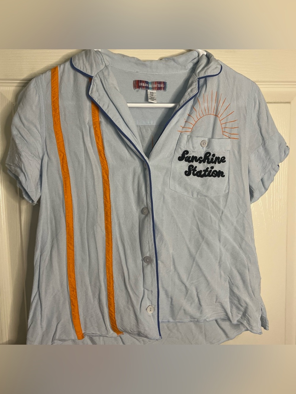 UO Light Blue 'Sunshine Station' Embroidered Button-Up Top